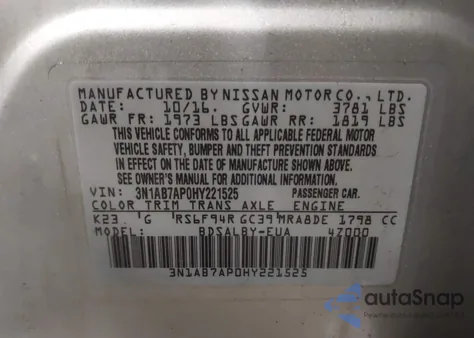 2017 Nissan Sentra S from USA, damaged, VIN 3N1AB7AP0HY221525